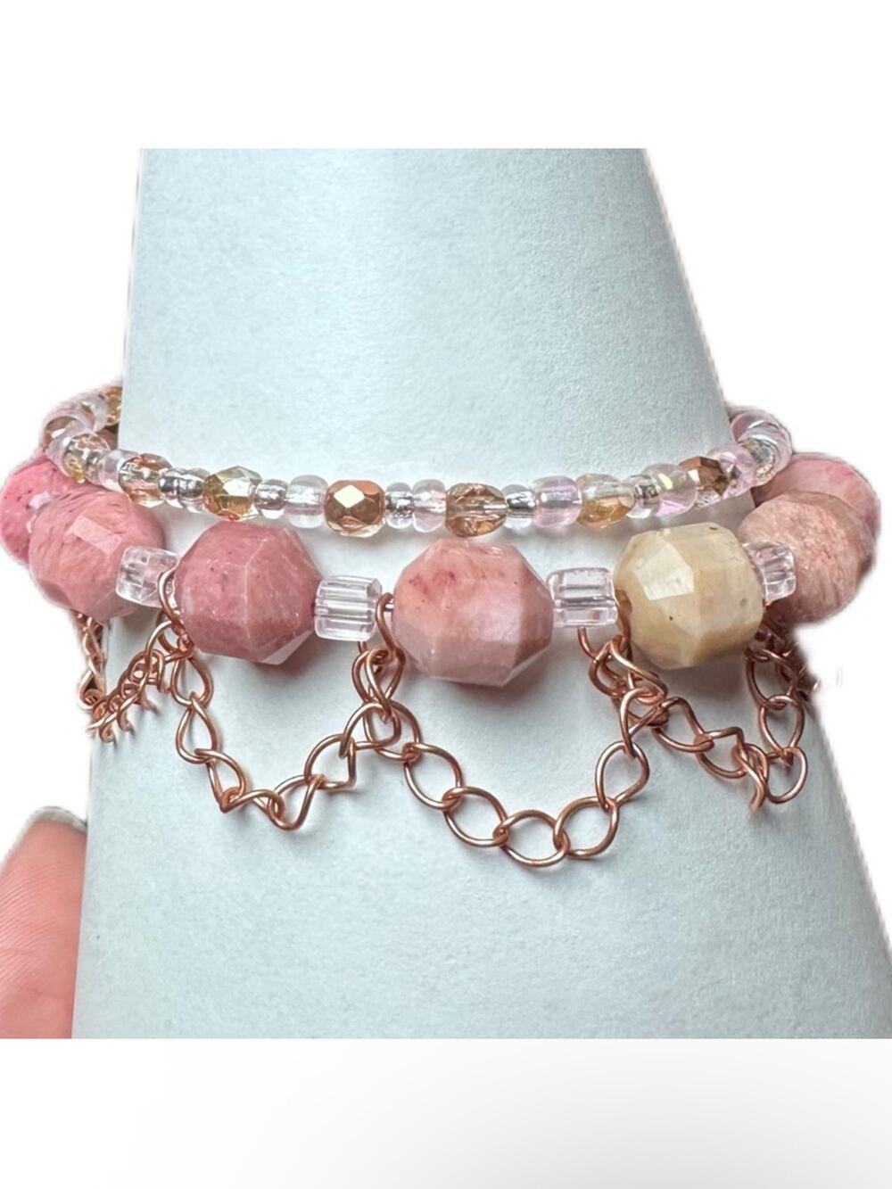 Rhodonite chain bracelet handmade memory wire one size pink gemstone